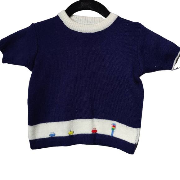 Vintage Baby Boys Sz 2 Navy and White Car Embroidered Short Sleeve Sweater - Picture 1 of 4